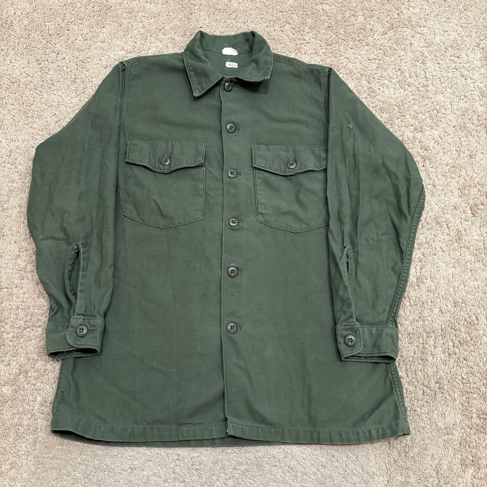 Vintage 70s OG 107 Shirt Sateen Mens Medium Green Vietnam 1970s Military